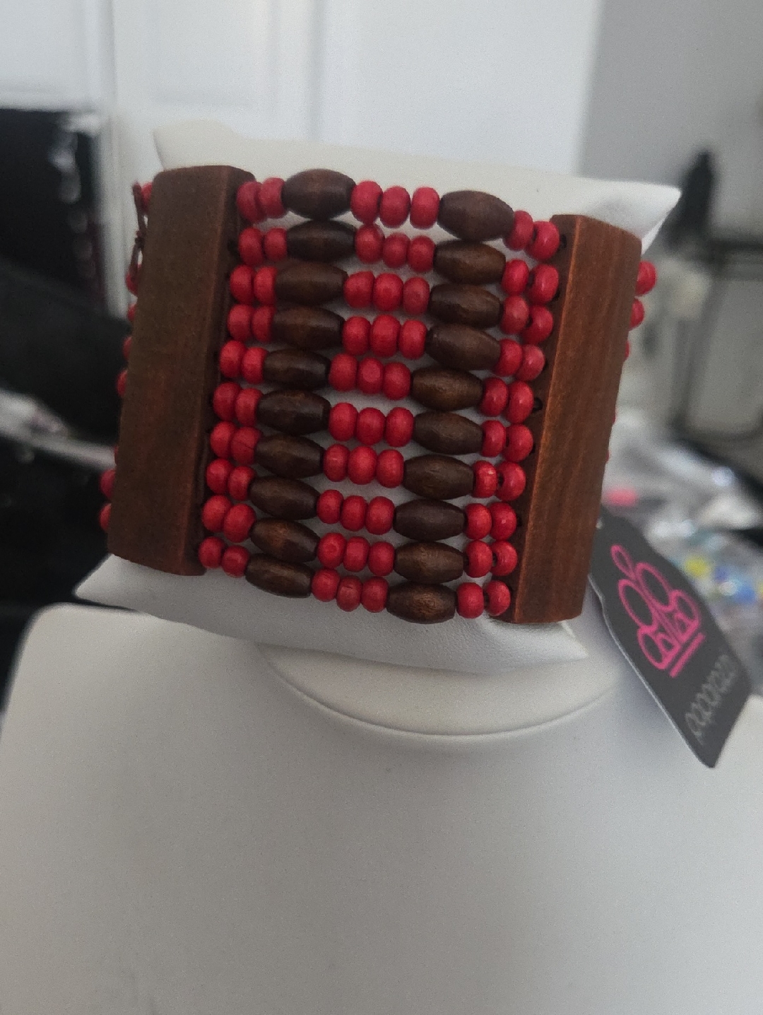 Paparazzi Red/Brown Beaded Wood Bracelet Nwt